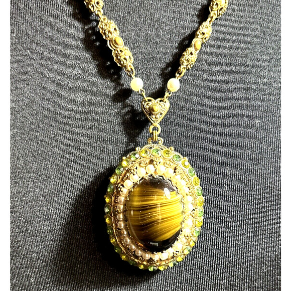 Vintage West Germany Porphyry Glass Crystal Filigree Necklace & Earrings Set - Picture 4 of 12